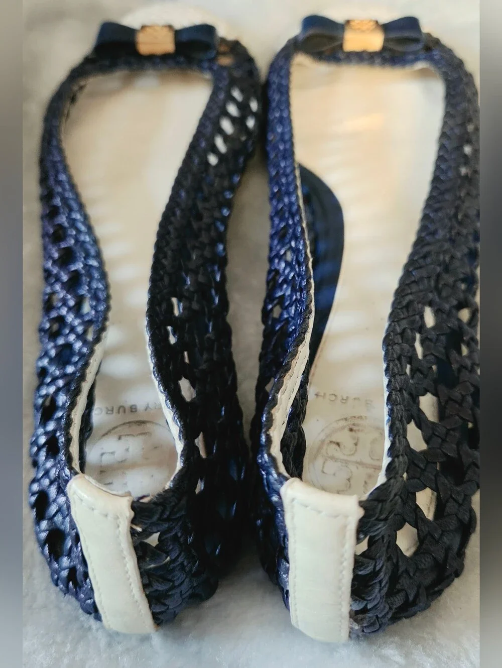 Tory Burch Navy Raffia-Trim Bow Flats